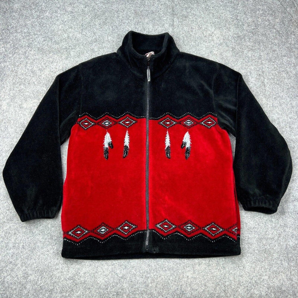 VTG Northern‎ Lifestyles Jacket Womens Medium Red Black Fleece Full Zip Wolf